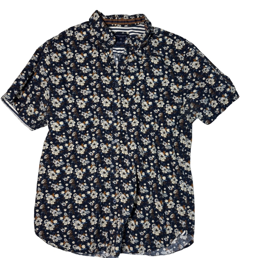 Mens Large Cotton Navy Blue Floral Button Down Short Sleeve Denim & Flower Shirt